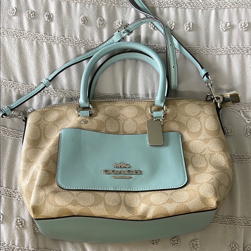 Coach Cream and Blue Satchel with Signature Style